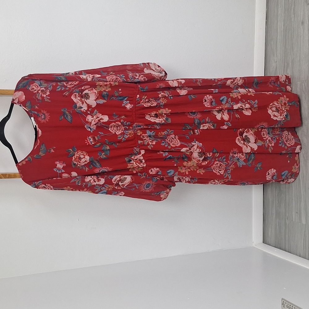 Ava & Viv Red Floral Dress Cottage Core MIni Pleats Sheer Sleeve Women' Size 3X